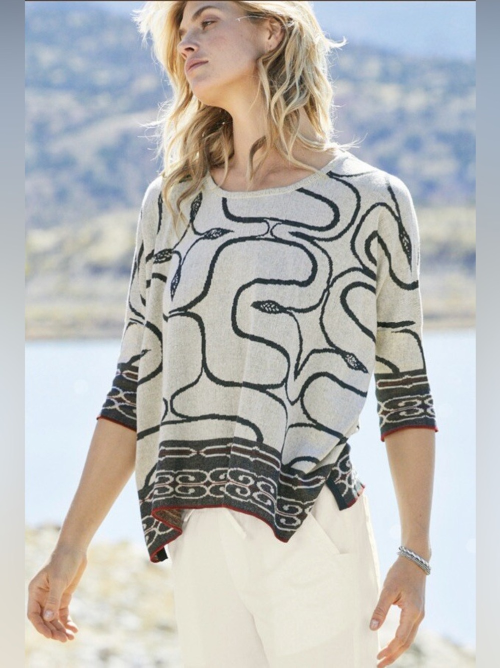 Peruvian Connection Kochi Boxy Sweater Top XS/S Gray Red Geometric Pima Cotton